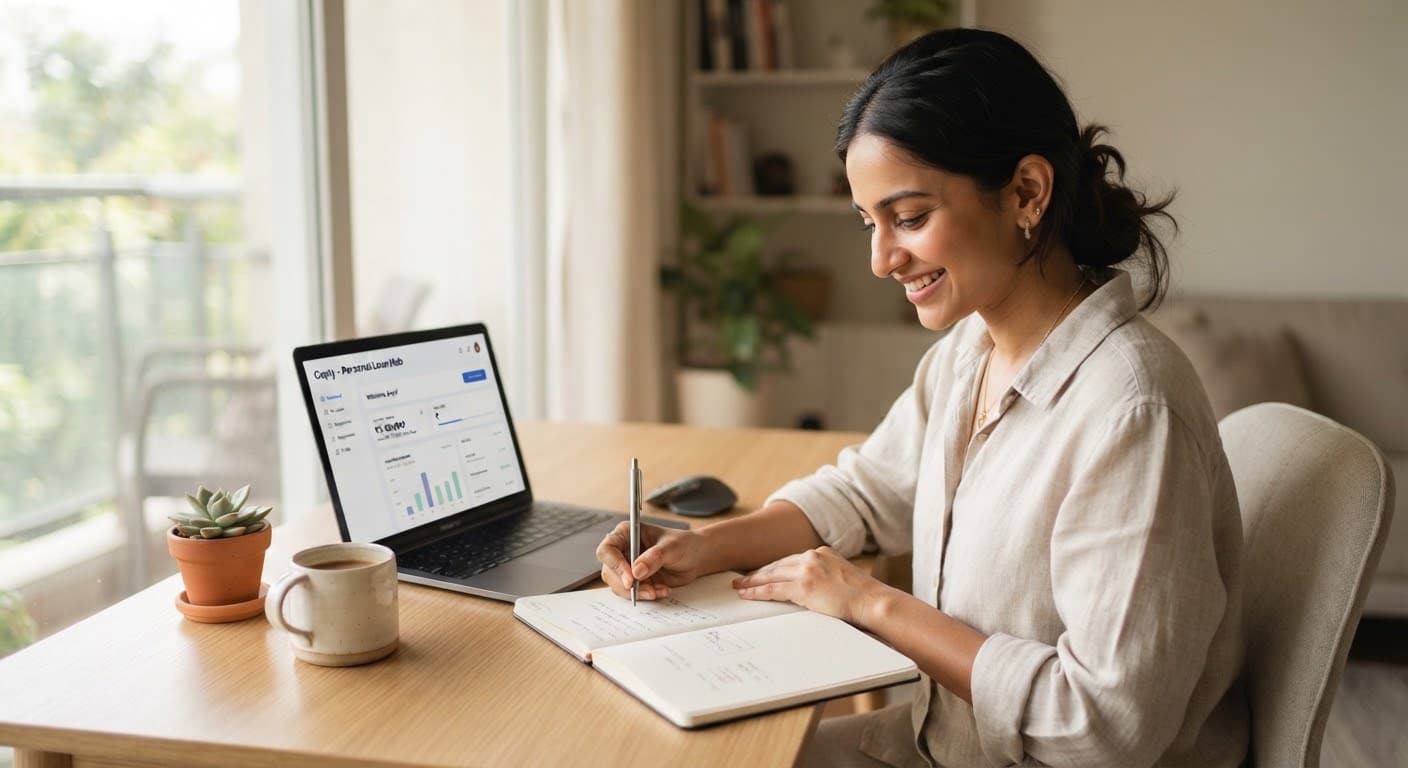 A borrower reviewing loan terms on a laptop at a sunlit desk